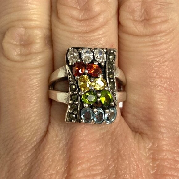 Sterling Silver 925 Multi Color Oval Cubic Zirconia CZ Ring Sz 7.75 - Picture 13 of 16